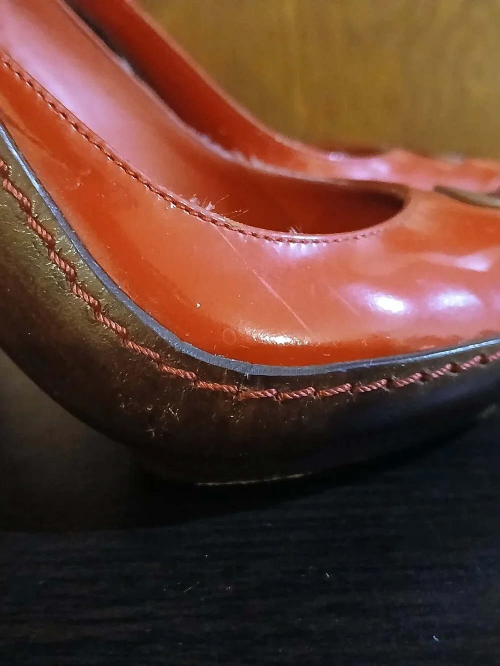 vintage CELINE red & brown patent leather wood heels